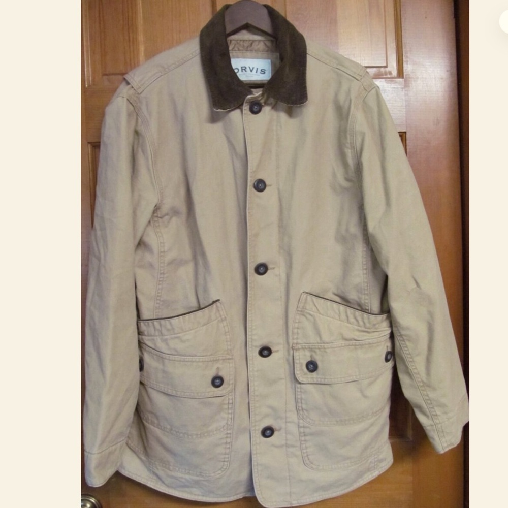 Orvis Barn Coat Chore Jacket Brown Contrast Collar Quilted Padded Canvas Jacket